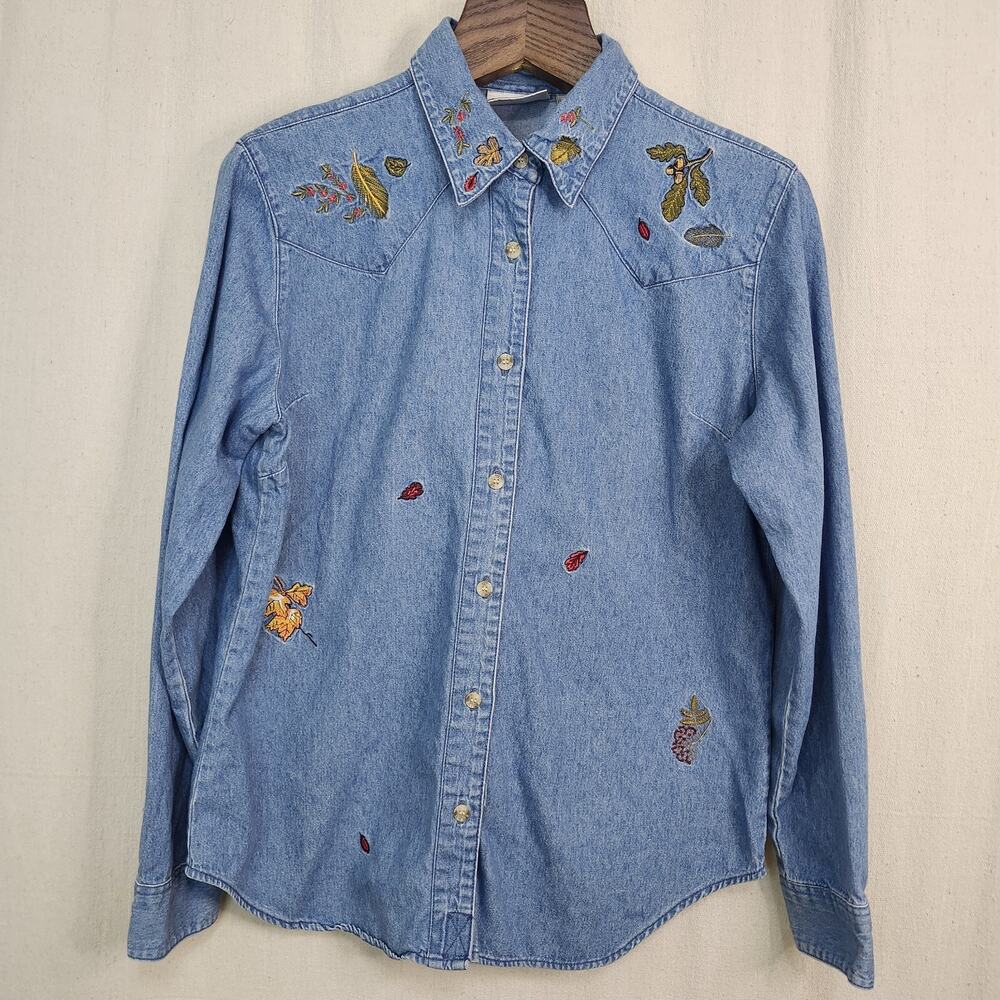 Vintage Bill Blass Denim Long Sleeve Shirt Embroidered Autumn Leaves Women's LG